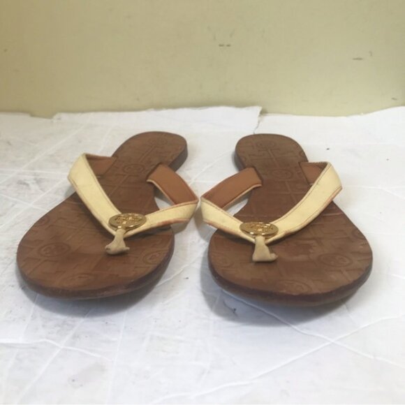 Tory Burch Thora Leather Flip Flops Sandals Neutral Mules Block Heel Slides Logo - Picture 5 of 15